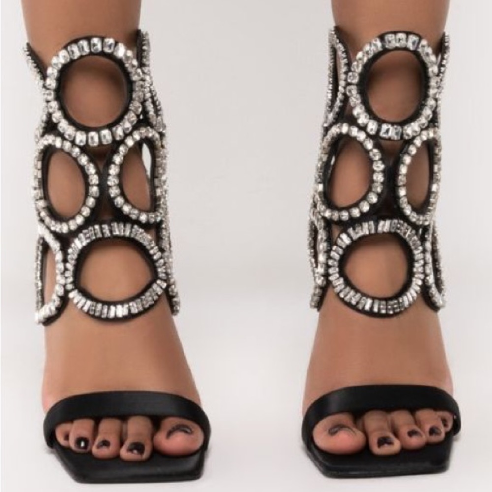 Azalea Wang Black Embellished Rhinestone Cutout High Heel Booties